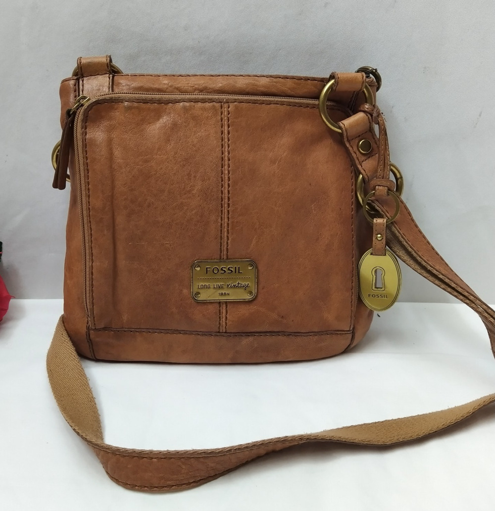 Fossil Brown Leather Zipper Pocket Credit Card Slots Crossbody Bag